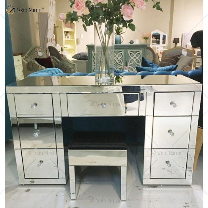 Hot Sell Modern WXF-125 & 126 Silber verspiegelter Schminktisch 7 Schubladen mit Demontagehocker