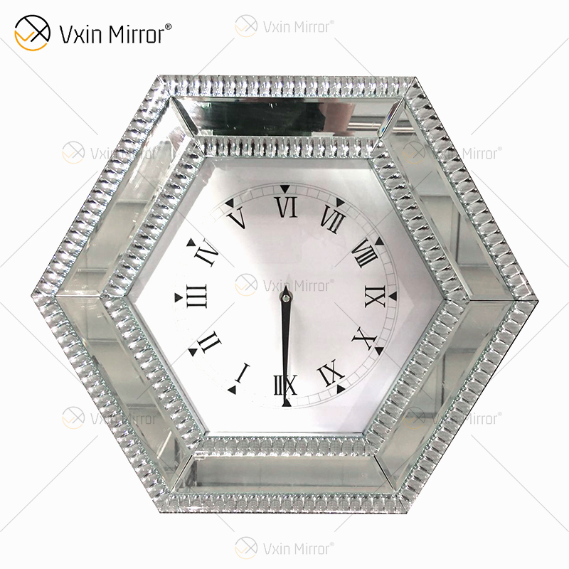 Heißer Verkauf Moderne Spiegeluhr Silber Hexagon Spiegel Uhr Crushed Diamond Dekoration Spiegel Wanduhr