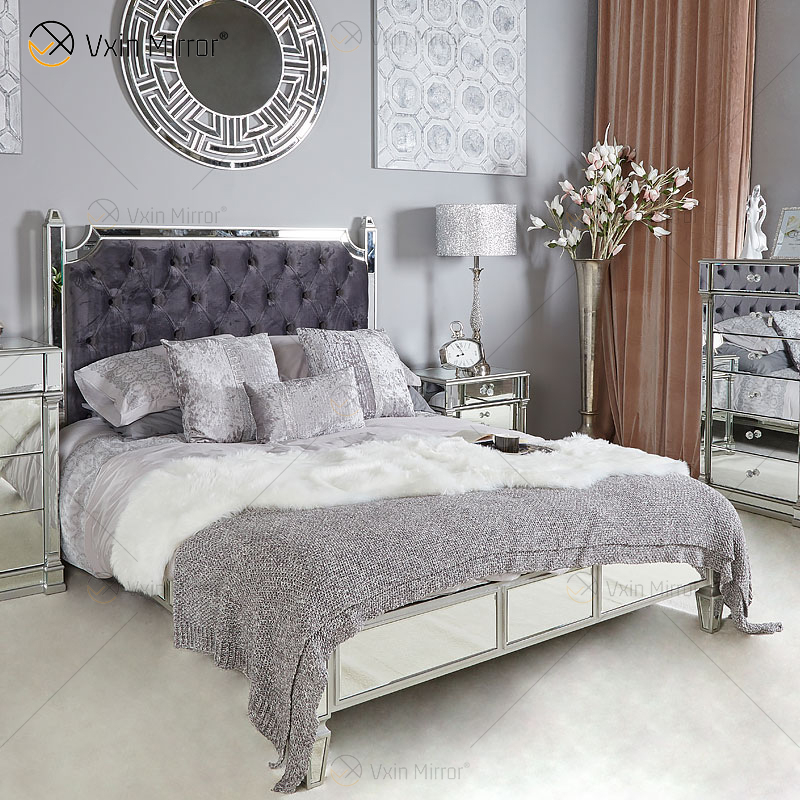 Vxin Antique Furniture WXWF-1082 Kingsize-Bett Grace Champagne Silver Frame Mirrored Super Bed