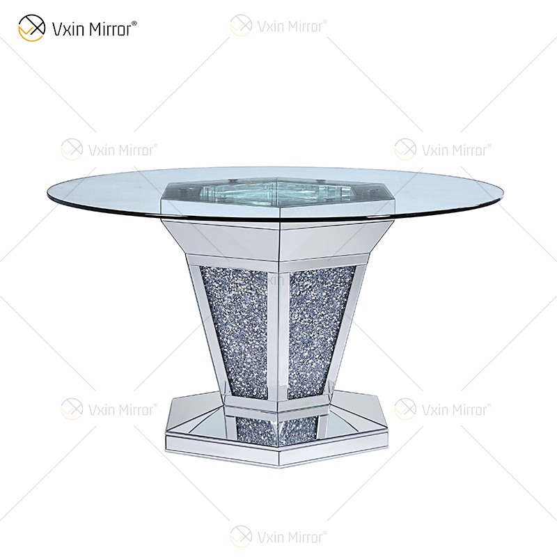 2020 New Design WXF-100 Crushed Diamond Round Silver Esstisch mit Tischplatte aus gehärtetem Glas