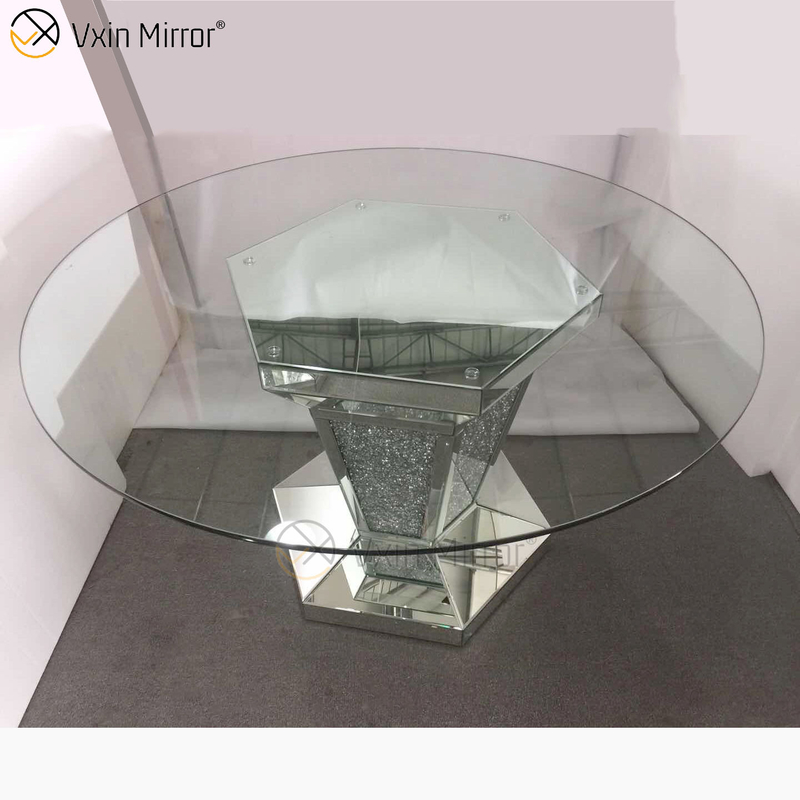 2020 New Design WXF-100 Crushed Diamond Round Silver Esstisch mit Tischplatte aus gehärtetem Glas