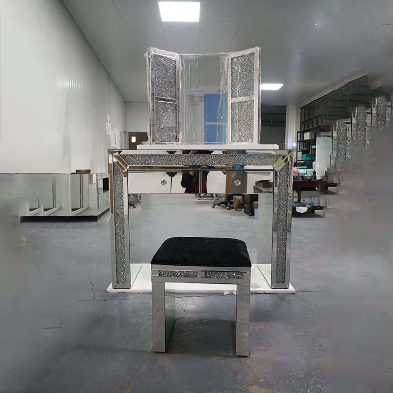 Heißer verkauf moderne designs für schlafzimmer schminktisch set mit spiegel und hocker silber luxus schminktisch