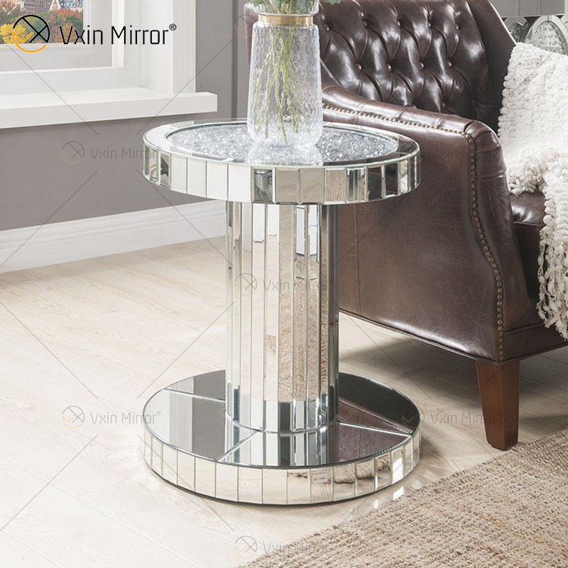 Vxin WXF-270-1 3D Sparkling Crushed Diamond Runder verspiegelter Couchtisch Silber mit Diamanten überzogen