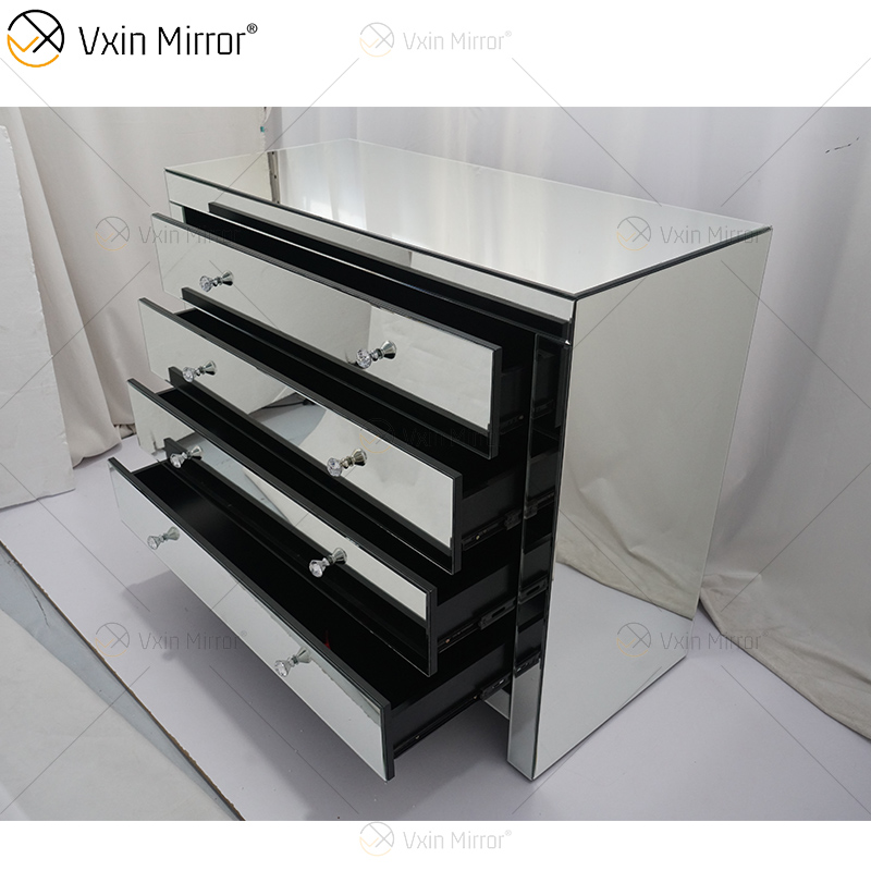 Glass Decor WXF-243 Silberner moderner verspiegelter Schrank mit Muti-Schubladen