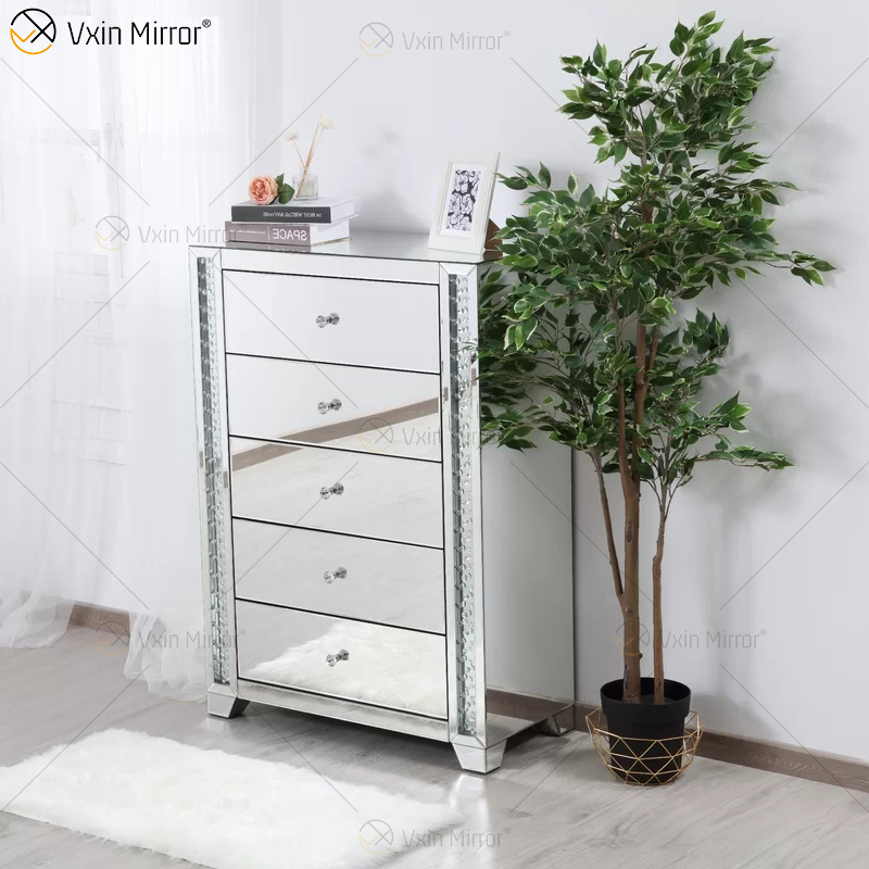 Vxin Crystal Decor WXF-746 Silberner Tallboy Nachttisch aus Kristall mit fünf Schubladen für Schlafzimmer