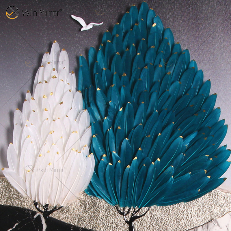 Antiker Stil Vxin WXPA-003 Simplicity Trees Paint Framed Mirror Wall Art Feather Hanging Picture for Living Room Set for Sale