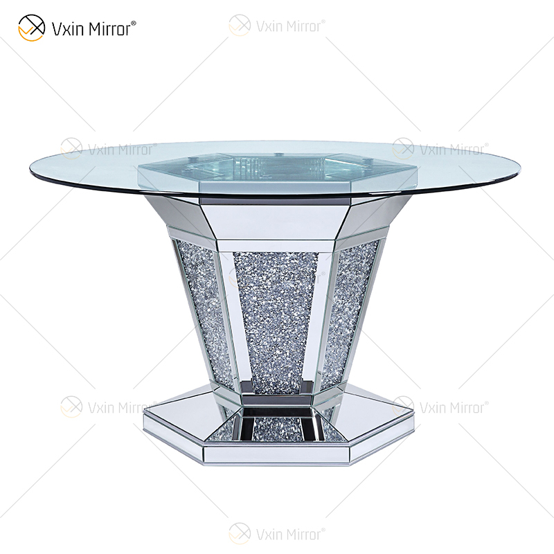 2020 New Design WXF-100 Crushed Diamond Round Silver Esstisch mit Tischplatte aus gehärtetem Glas