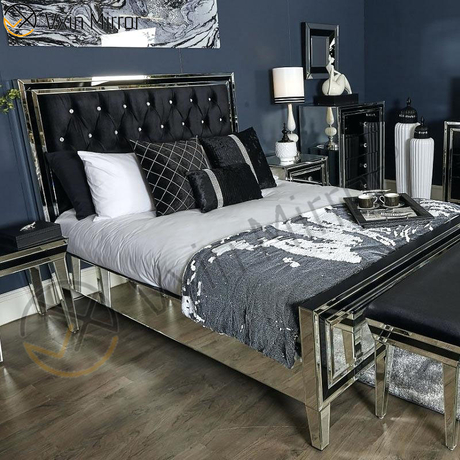 Vxin Mirror Furniture WXWF-1081Black Frame Silver Glass Mirrored King Bed Mirror Bed