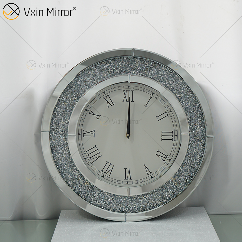 Heißer Verkauf Moderne Silber WXMC-010 Crushed Diamond Runde Spiegel Wanduhr