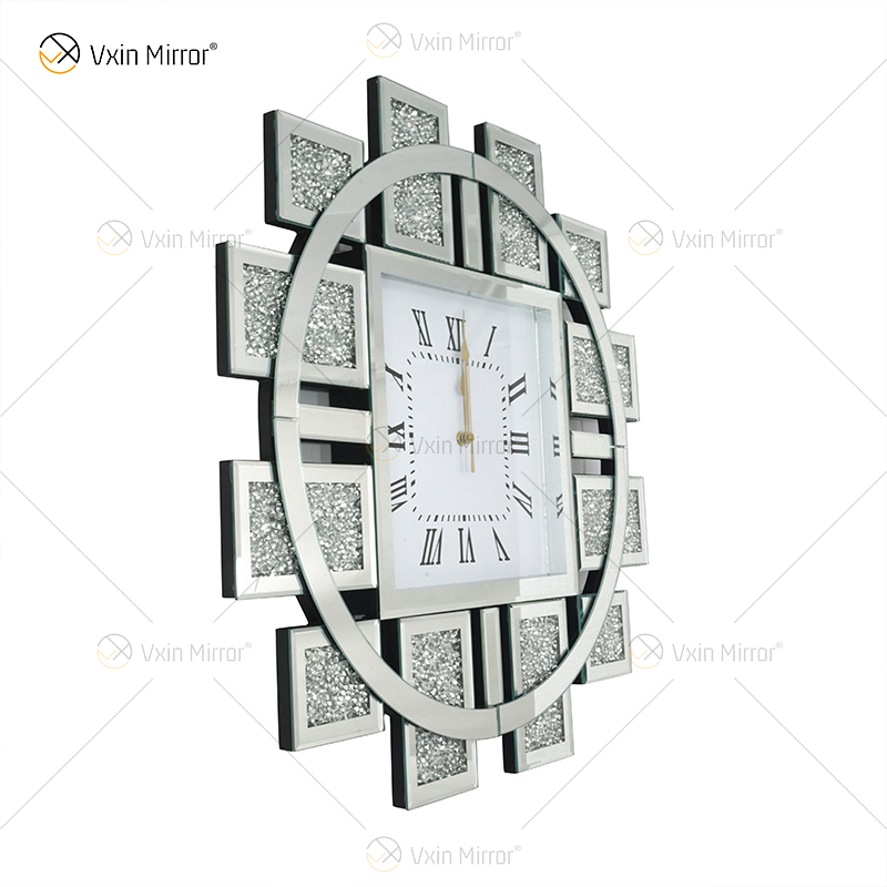 Großhandels-WXMC-082 widergespiegelter Taktgeber zerquetschter Diamant-Silber-Wand-Dekor-eleganter runder Spiegel-Luxustaktgeber