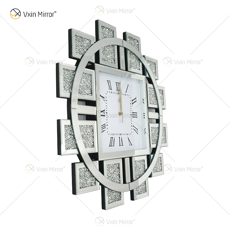 Großhandels-WXMC-082 widergespiegelter Taktgeber zerquetschter Diamant-Silber-Wand-Dekor-eleganter runder Spiegel-Luxustaktgeber