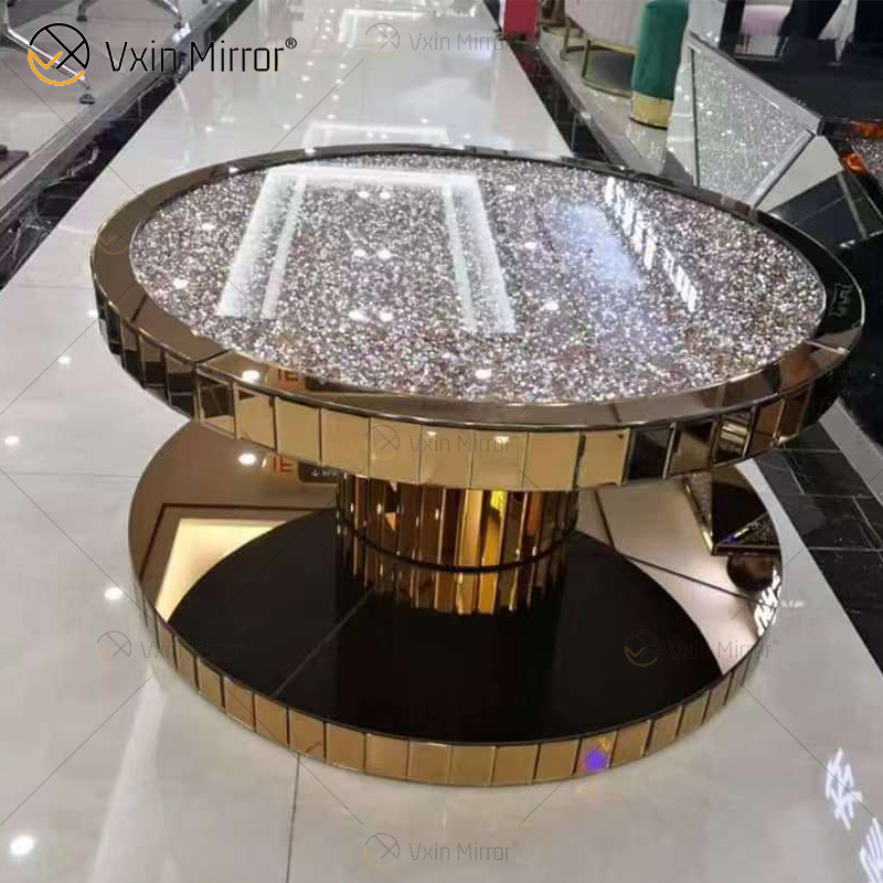 Vxin WXF-270-1 3D Sparkling Crushed Diamond Runder verspiegelter Couchtisch Silber mit Diamanten überzogen