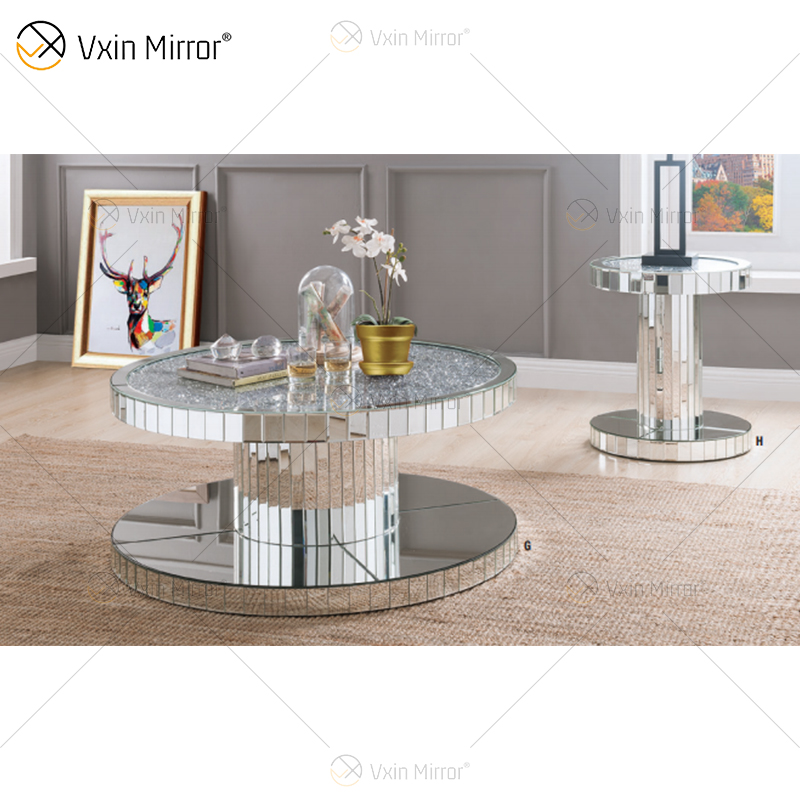 Vxin WXF-270-1 3D Sparkling Crushed Diamond Runder verspiegelter Couchtisch Silber mit Diamanten überzogen