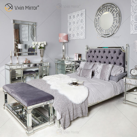 Vxin Antique Furniture WXWF-1082 Kingsize-Bett Grace Champagne Silver Frame Mirrored Super Bed