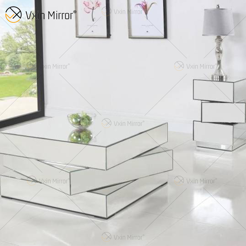 Vxin WXF-2138 3D Sparkling Crushed Diamond Geometrie verspiegelter Couchtisch Silber mit Diamanten bedeckt