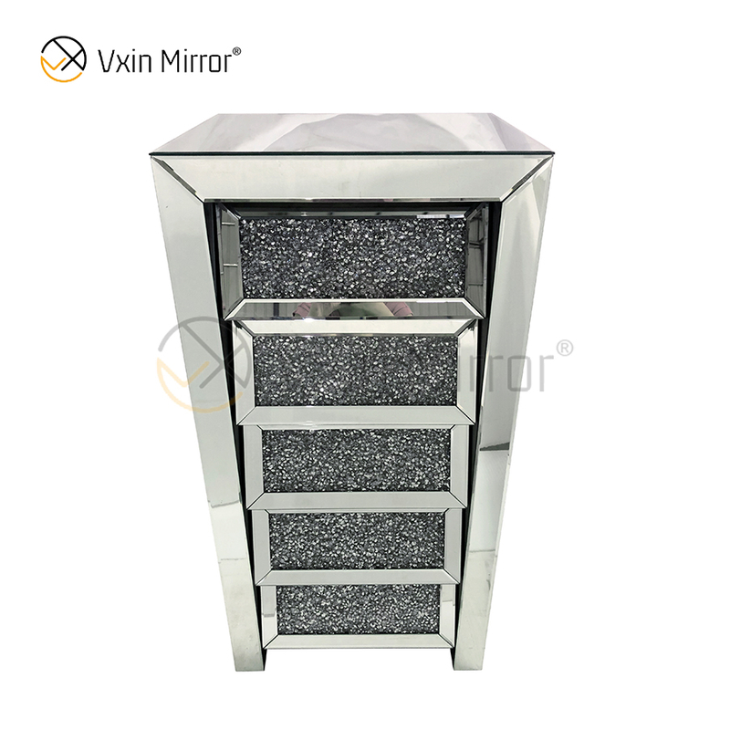 Vxin Mirror Silver Crushed WXWF-707 Diamon Nightstand Bevel Nachttisch mit 5 Schubladen verspiegelter Nachttisch