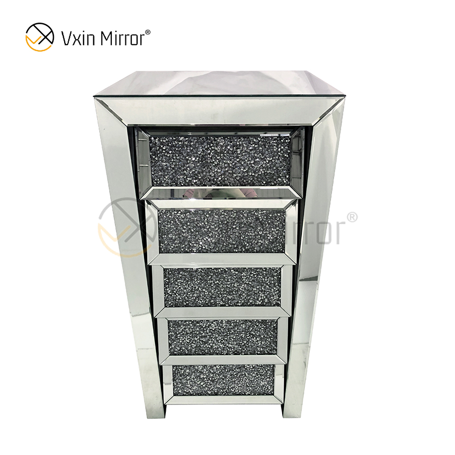 Vxin Mirror Silver Crushed WXWF-707 Diamon Nightstand Bevel Nachttisch mit 5 Schubladen verspiegelter Nachttisch