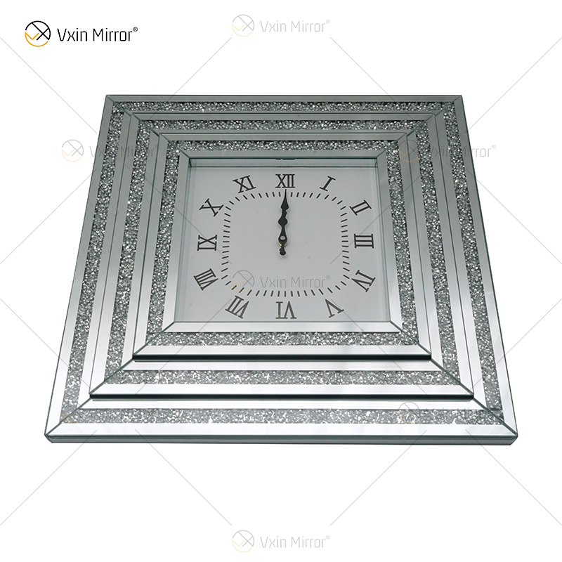 Heißer Verkauf gespiegelte Uhr WXMC-078 Crushed Diamond Silver Wall Decor elegante quadratische Uhr