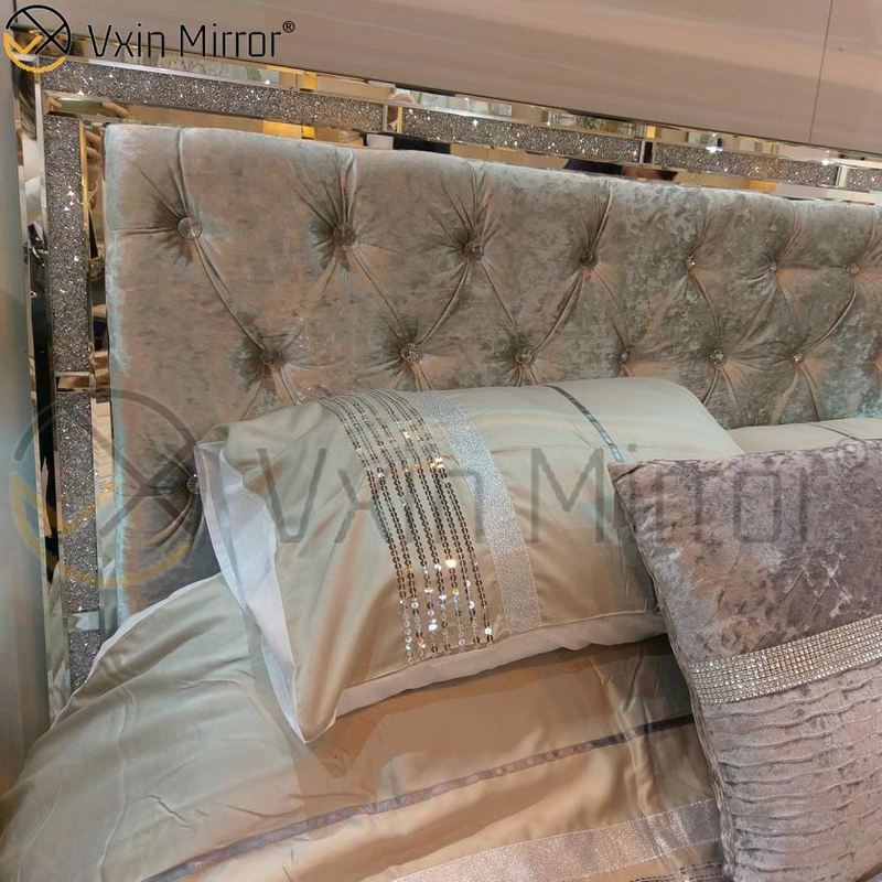 Günstige WXWF-698 Spiegelmöbel auf Schlafzimmer Silber und Schwarz verspiegeltes Bett im modernen Stil