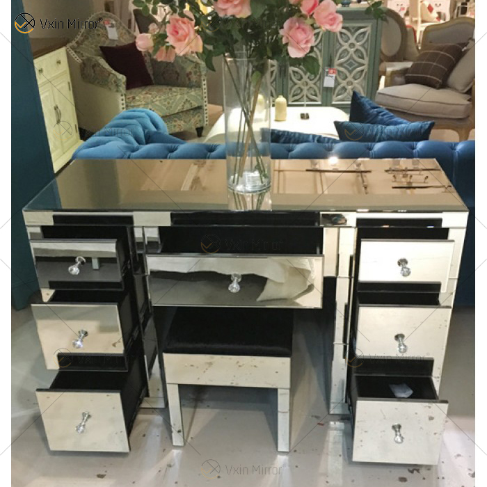Hot Sell Modern WXF-125 & 126 Silber verspiegelter Schminktisch 7 Schubladen mit Demontagehocker