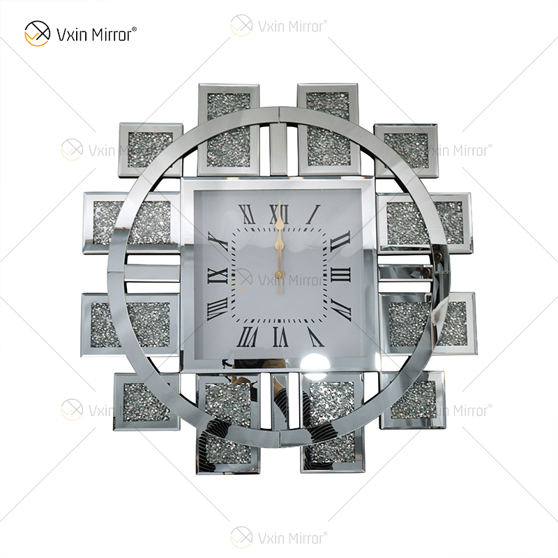 Großhandels-WXMC-082 widergespiegelter Taktgeber zerquetschter Diamant-Silber-Wand-Dekor-eleganter runder Spiegel-Luxustaktgeber