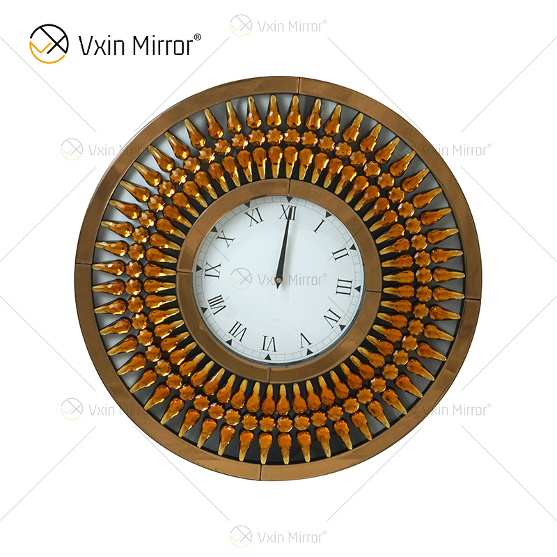 Heißer Verkaufs-Silber WXC-071 Kristallgoldene Brown-moderne Spiegel-Wanduhr