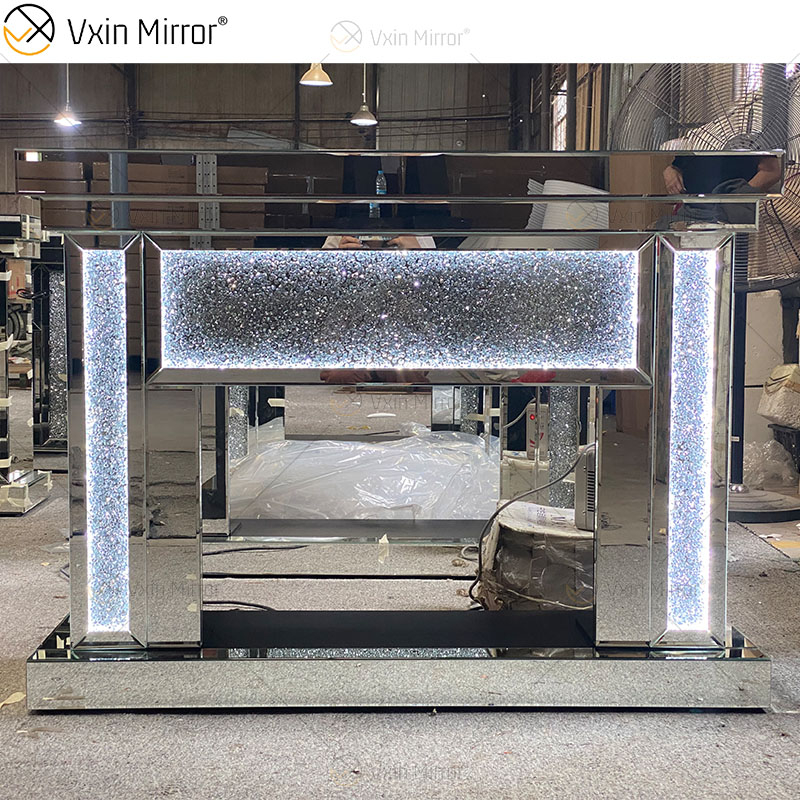 Mehrfarbiger LED-Silber-Kristallglas-Wohnzimmer-Spiegelkamin mit Inneneinsatz
