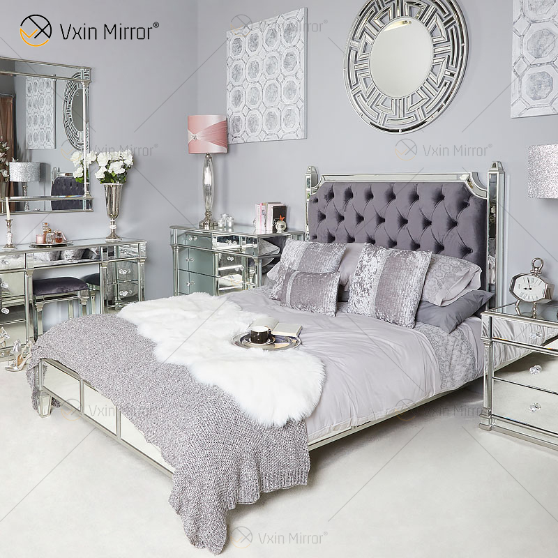 Vxin Antique Furniture WXWF-1082 Kingsize-Bett Grace Champagne Silver Frame Mirrored Super Bed