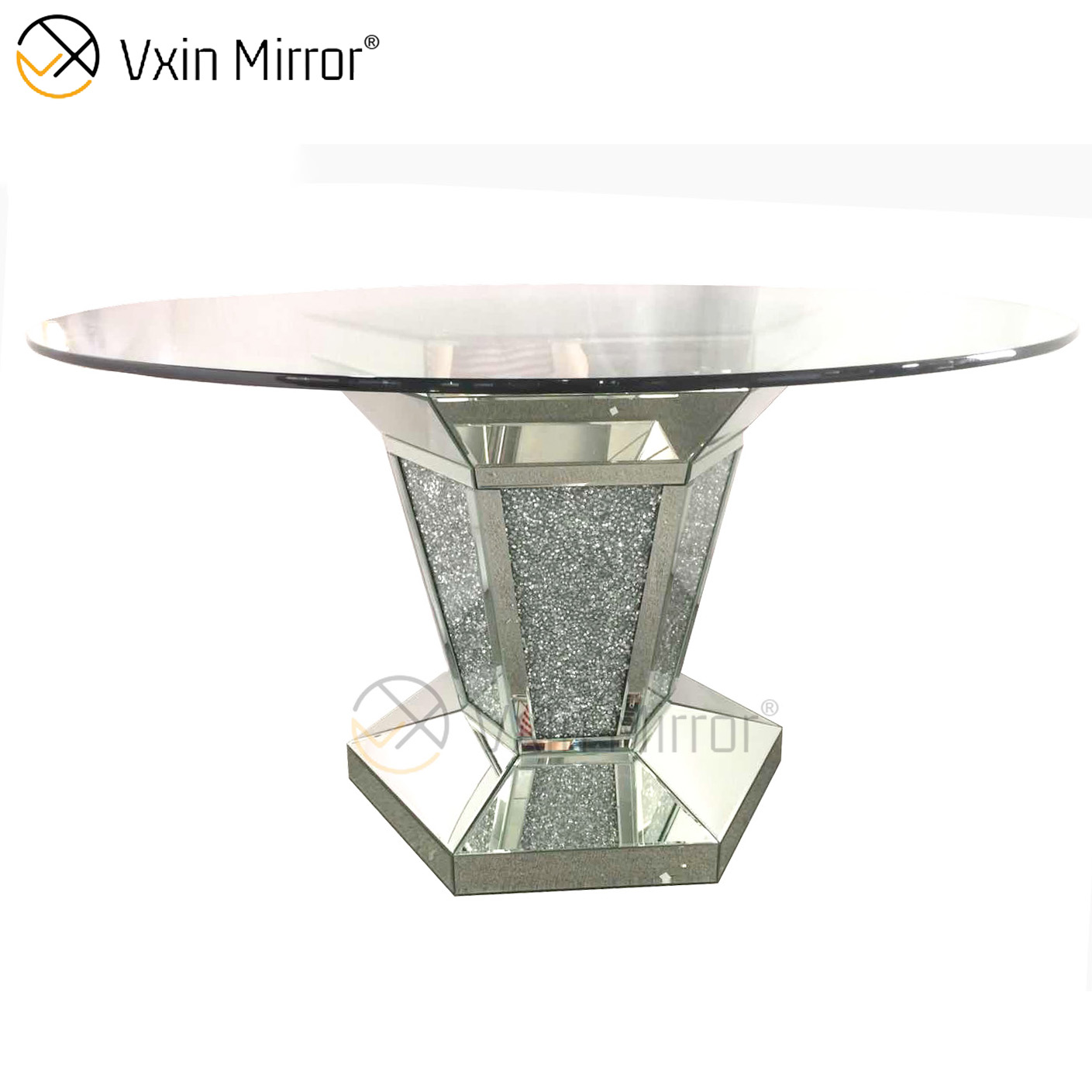 2020 New Design WXF-100 Crushed Diamond Round Silver Esstisch mit Tischplatte aus gehärtetem Glas