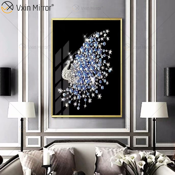 Luxus-Aluminiumrahmen-Anzeigen-Pfau-Kristallporzellan-Malerei-Sofa-Hintergrund-Wand-hängende Malerei-Wohnzimmer-Dekoration
