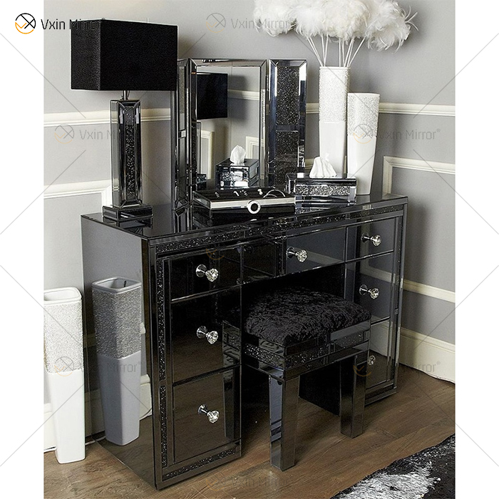 Heißer Verkauf Spiegel Schlafzimmer Möbel Set Kleiderschrank Schwarz Crushed Diamond Spiegelbett mit Nachttisch