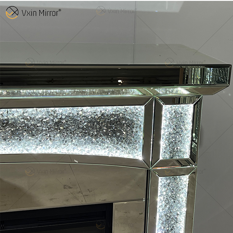 Neues Design WXMF026-1 LED Silber Kristallglas Wohnzimmer Spiegelkamin mit Inneneinsatz