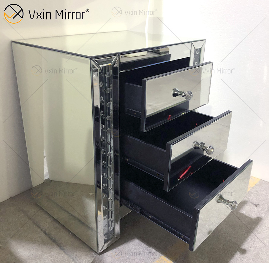 Vxin Crystal Decor WXF-274 Silber Tallboy Nachttisch mit Kristallspiegel und 3 Schubladen Spiegel Nachttisch