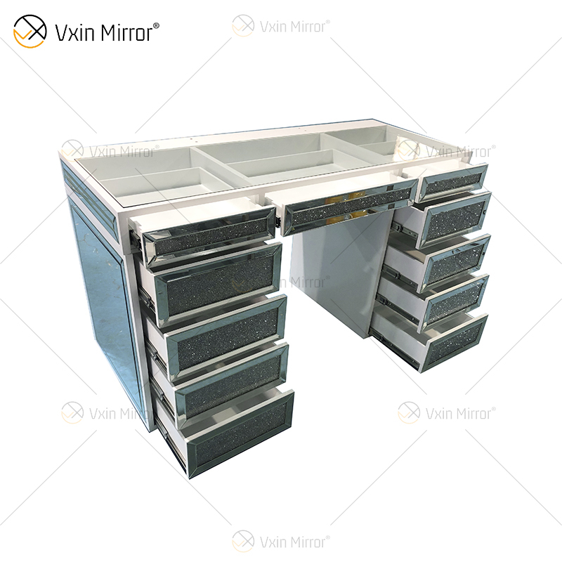WXF-276 Moderner, moderner, minimalistischer Schminktisch aus weißem Glas mit Diamant und 11 Rebound-Schubladen mit transparentem Glas oben
