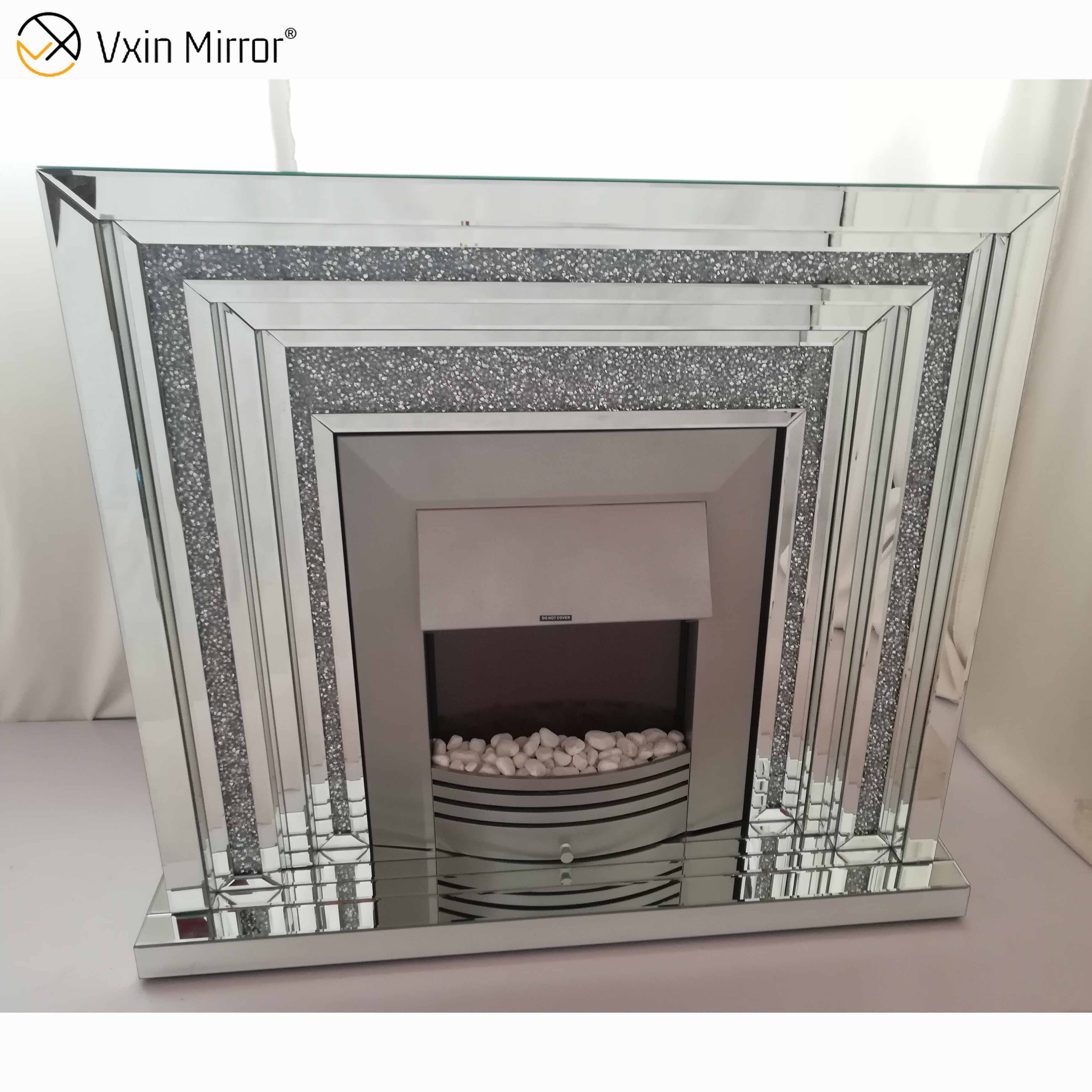 Wohnkultur WXWF-1095 Luxuriöser elektrischer Kamin mit Kristallspiegel aus zerkleinertem Diamanten für den Innenbereich mit Heizung in Wohnzimmermöbeln