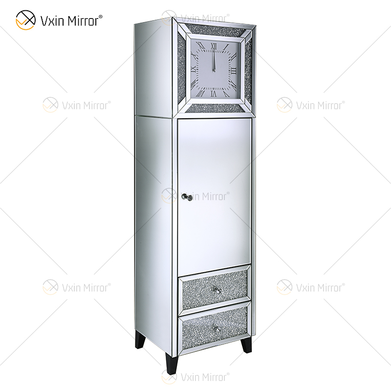 Elegant Home Decor WXF-739 Uhrenschrank mit 2 Schubladen in Silber verspiegelt mit zerkleinerten Diamanten
