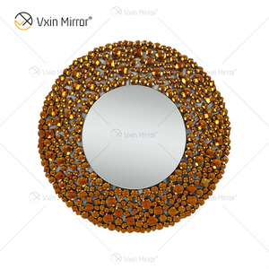 Goldene Luxus-Wanddekoration, silberner Kristallglas-Wandspiegel, runder Hängespiegel