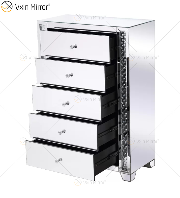Vxin Crystal Decor WXF-746 Silberner Tallboy Nachttisch aus Kristall mit fünf Schubladen für Schlafzimmer