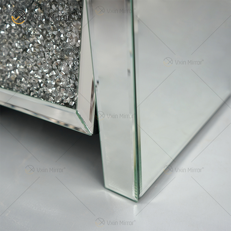 Vxin Spiegel WXF-116 Silberner Kristall-Nachttisch Abgeschrägter verspiegelter Nachttisch mit 3 Schubladen für Schlafzimmer