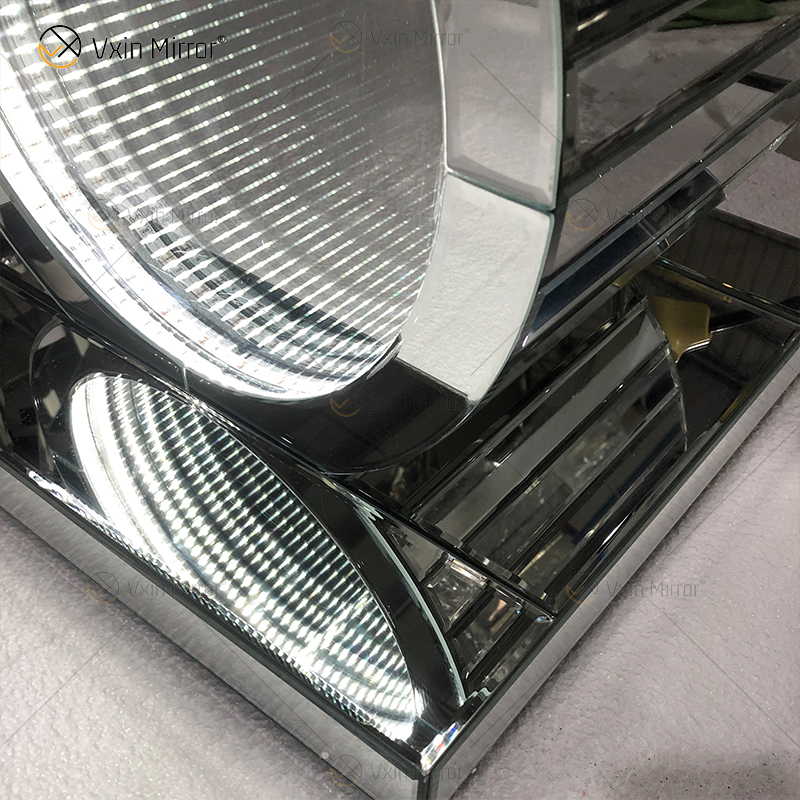 Silberner Tisch LED 3D Couchtisch Beleuchteter Unendlichkeitsspiegel Tunnel Sparkle Verspiegelter O-förmiger Konsolentisch Beistelltisch WXF-290