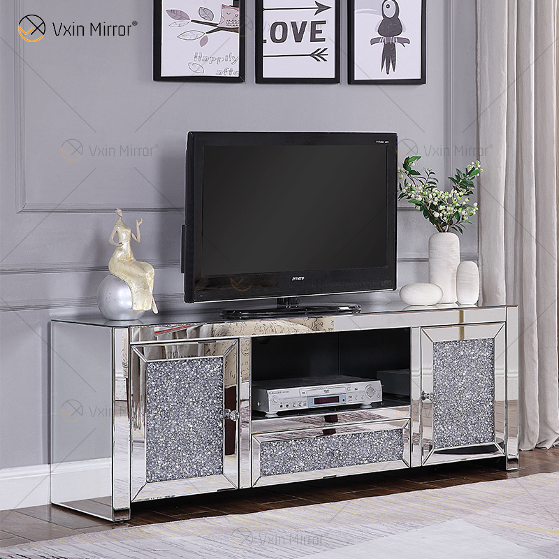 Großhandel WXF-097 Gespiegelte Wohnzimmermöbel Crushed Diamond Silver Cabinet 2 Schubladenspiegel TV-Ständer