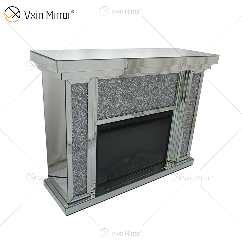 Heißer Verkauf WXWF-1108 Silber Crushed Diamond Kristall Spiegel Kamin Kaminsims Wohnkultur mit elektrischem Feuer Einsätze Spiegelkamin
