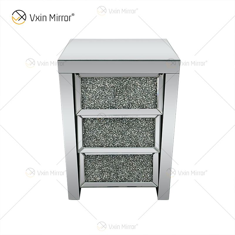 Vxin Spiegel WXF-116 Silberner Kristall-Nachttisch Abgeschrägter verspiegelter Nachttisch mit 3 Schubladen für Schlafzimmer