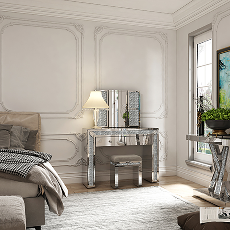 Heißer verkauf moderne designs für schlafzimmer schminktisch set mit spiegel und hocker silber luxus schminktisch