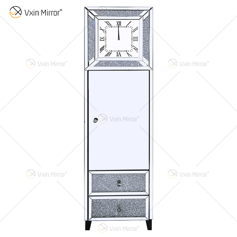 Elegant Home Decor WXF-739 Uhrenschrank mit 2 Schubladen in Silber verspiegelt mit zerkleinerten Diamanten