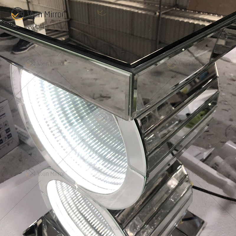 Silberner Tisch LED 3D Couchtisch Beleuchteter Unendlichkeitsspiegel Tunnel Sparkle Verspiegelter O-förmiger Konsolentisch Beistelltisch WXF-290