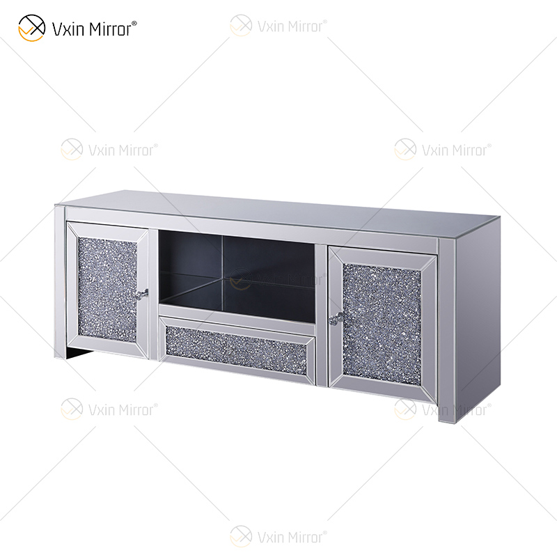 Großhandel WXF-097 Gespiegelte Wohnzimmermöbel Crushed Diamond Silver Cabinet 2 Schubladenspiegel TV-Ständer