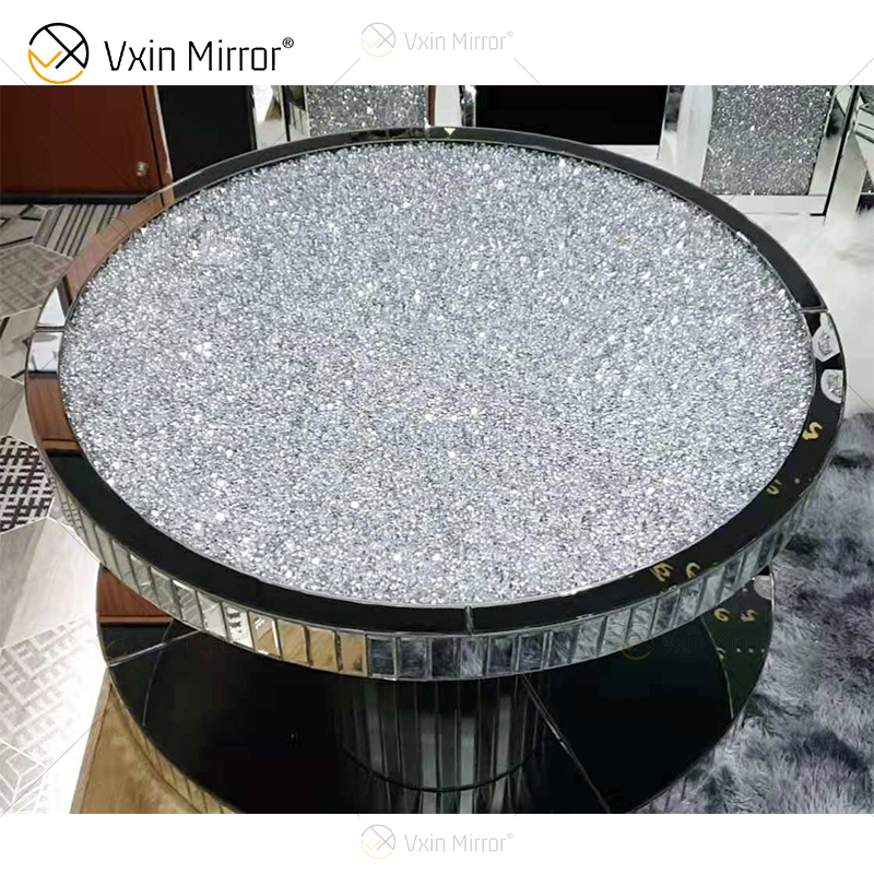 Vxin WXF-270-1 3D Sparkling Crushed Diamond Runder verspiegelter Couchtisch Silber mit Diamanten überzogen