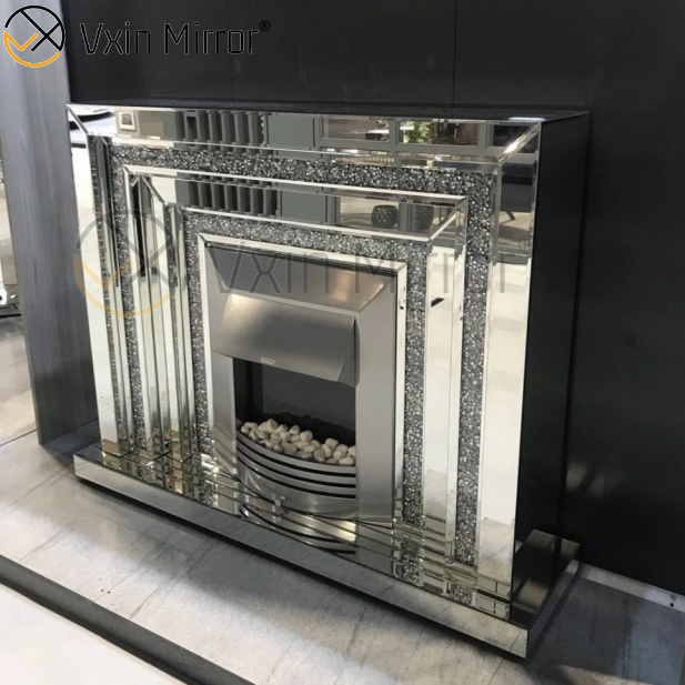 Wohnkultur WXWF-1095 Luxuriöser elektrischer Kamin mit Kristallspiegel aus zerkleinertem Diamanten für den Innenbereich mit Heizung in Wohnzimmermöbeln