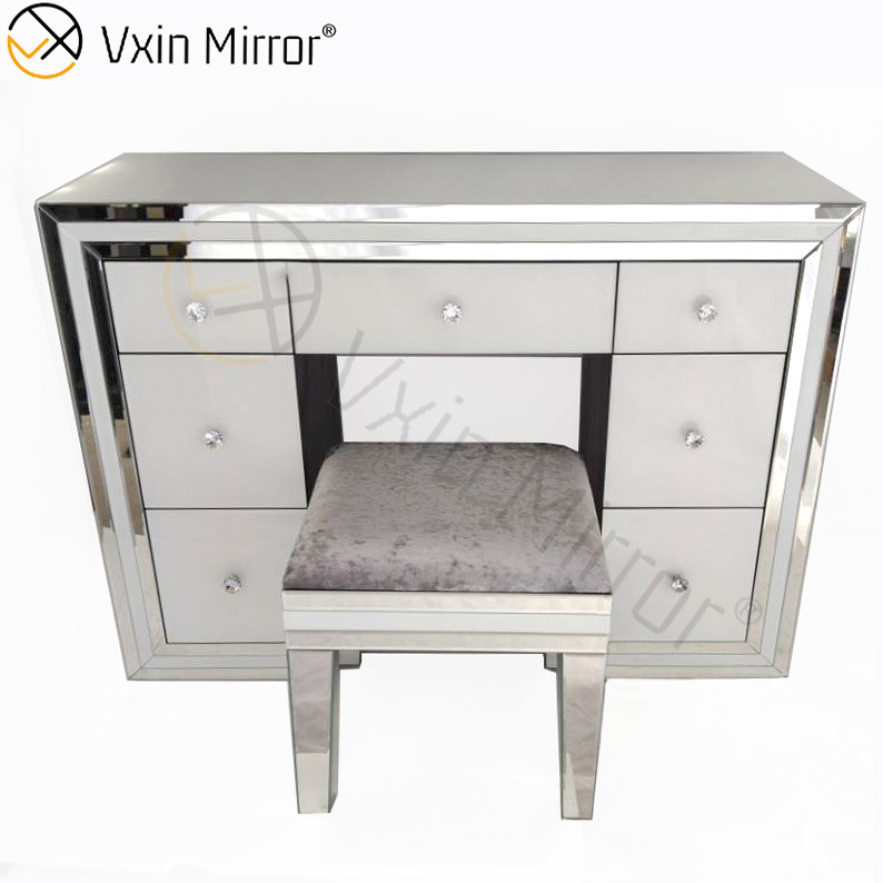 Hot Sell White Mirror Set WXF-792 Moderner Schminktisch mit silbernem Rahmen und Stuhl, 7 Schubladen